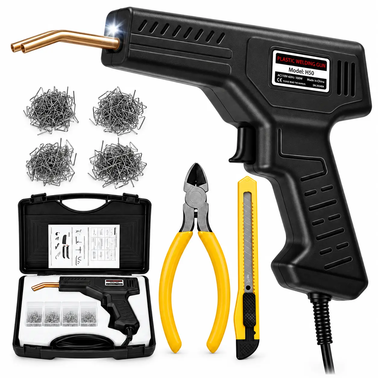 220W Plastic Welder Kit, Fast Heating Hot Stapler Gun with 200 Hot Staples in 4 Types, LED Work Light, Pliers, Utility Knife & Storage Case for Car Bumper, Dashboard, Motorcycle and Plastic Crack Repair