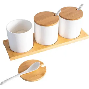 Ceramic Condiment Jar Seasoning Container with Lids,white Salt Sugar Pepper  Container Bowls Pot with Spoon, Porcelain Pot,Set of 3, 8 Oz, for  Kitchen Coffee Bar