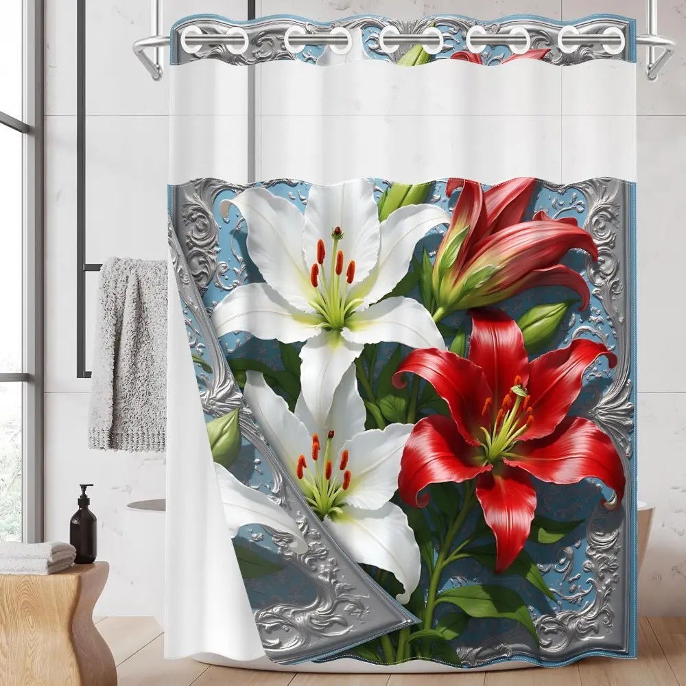 1PC/4PCS 2D Flat Printing White and Red Lilies with Blue Pattern Background flower pretty shower curtain, Floral shower curtain, home bathroom decor, shower curtain set with 12 hooks, non-slip bathroom rug, U-shaped toilet seat cover