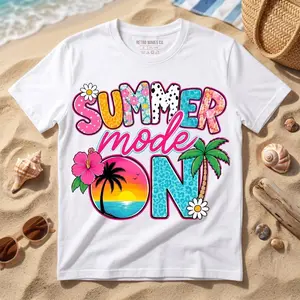 Women's summer vacation Graphic T-Shirt - Short Sleeve Crew Neck Regular Fit Casual Wear | Soft & Breathable Fabric, Durable Print, Everyday Comfort, Machine Washable, retro tropical beach beach with seashells, sunglasses, and woven bag
