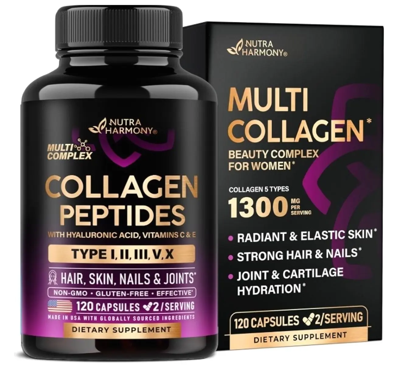 Multi Collagen Peptides - Hydrolyzed Types I, II, III, V & X - Collagen Supplement for Women 1300mg - w/ Hyaluronic Acid, Vitamins C & E - Skin, Hair, Nails & Joint Support - Made in USA, 120 Capsules
