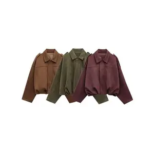 WomenBrownGreenSuedeJacketLooseCasualBomberCoatLapelZipperLongSleeveJacketsVintageLadyMotorcycleOutwearsWomenswearTops