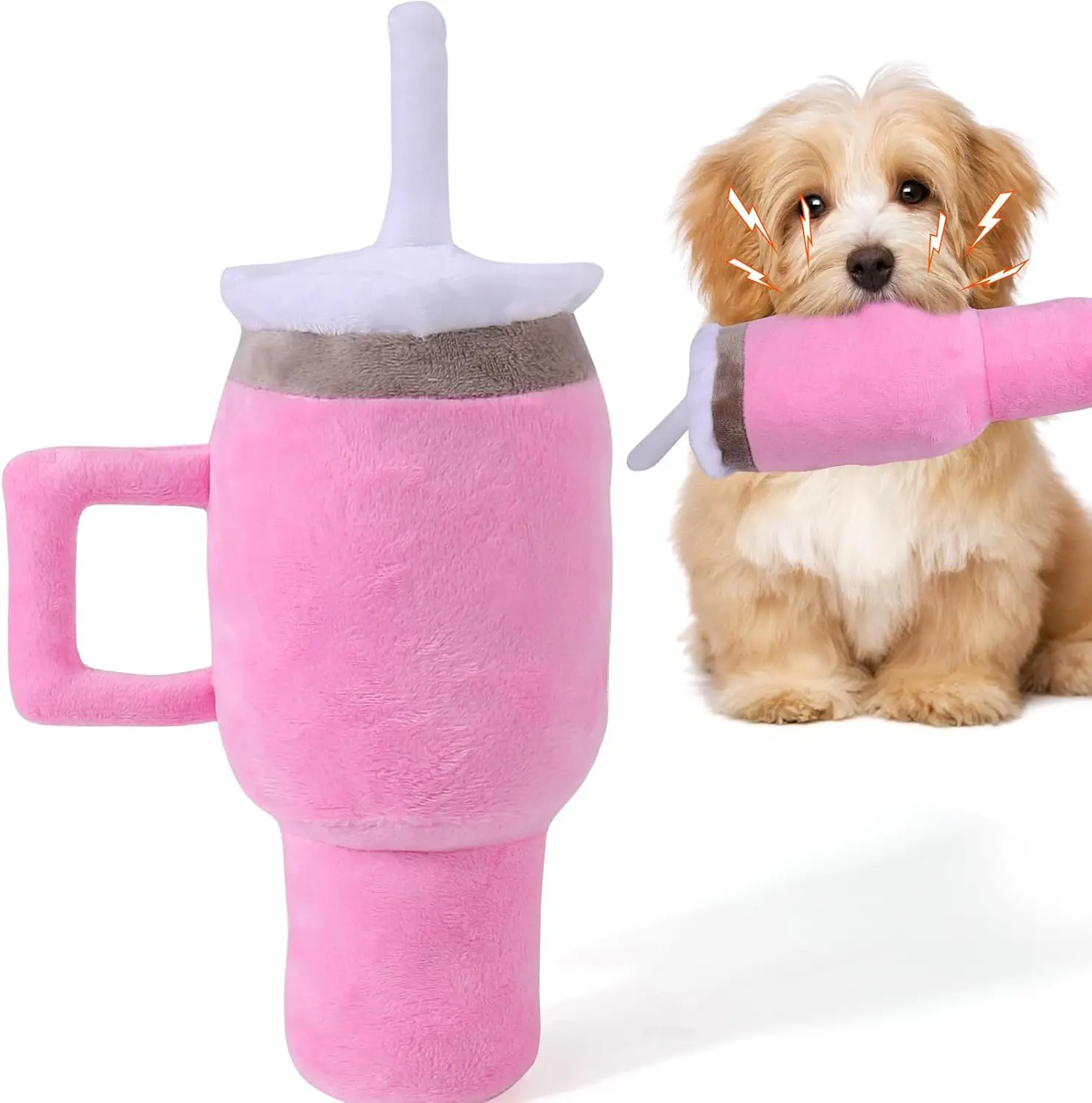 Pink Funny Tumbler Cup Dog Toy with Handle, Squeaky Interactive Chew Toy for Small Medium Large Dogs, Durable Pet Play Accessory