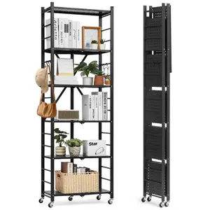 VEVOR 4-Tier Foldable Storage Shelf, 26Wx 13Dx 46H Inch Folding Metal Rack Shelving Unit, No Assembly Organizer Shelf with 5 Wheels 4 Hooks for Pantry, Kitchen, Garage, Basement, BlackVEVOR Super Brand Day