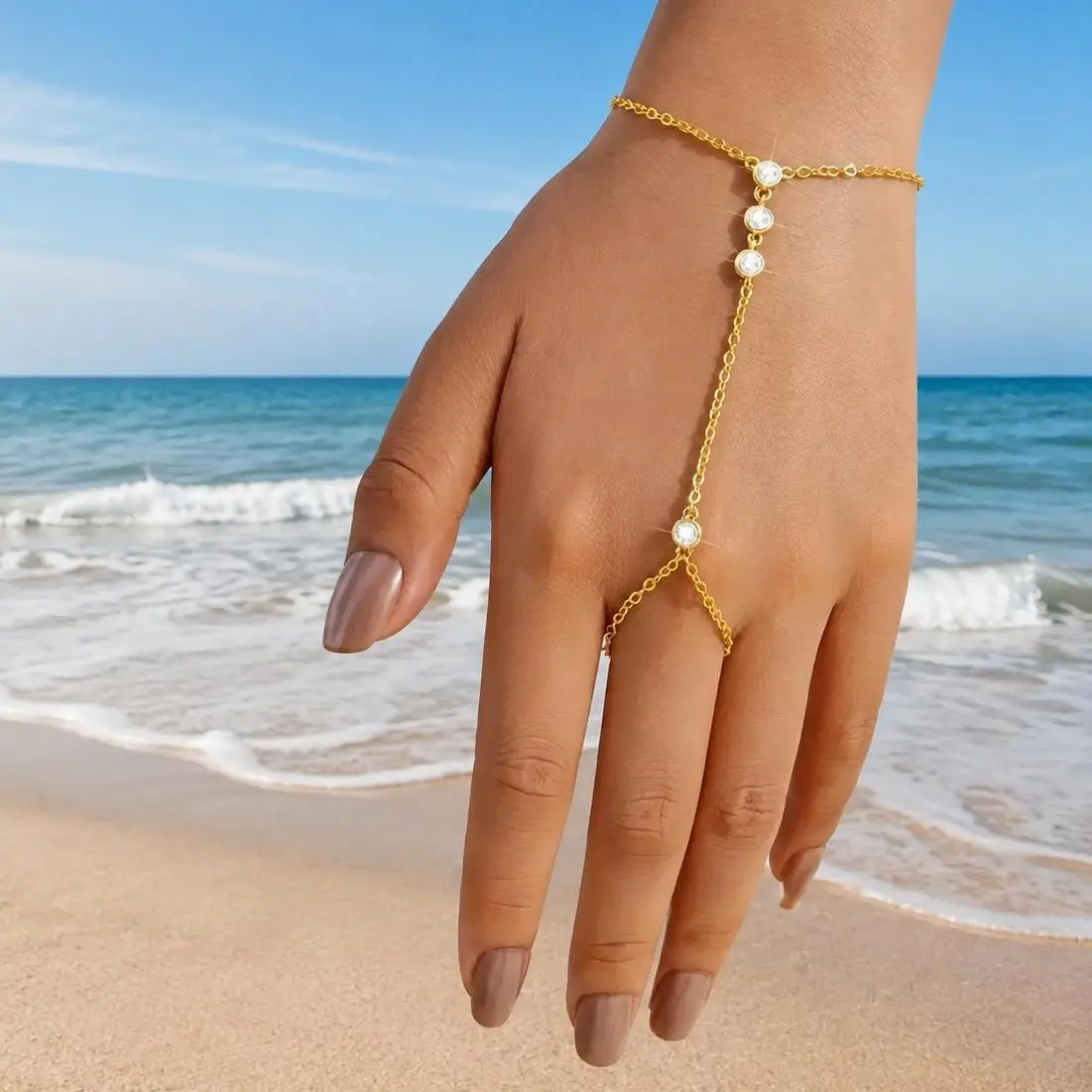 Hand Chain Bracelets for Women Trendy Fashion Bracelet Stackable Bracelets 2 Piece Adjustable Finger Ring Bracelet Stack Dainty 14K Gold Plated CZ Layered Beaded Hand Chains Jewelry Gifts