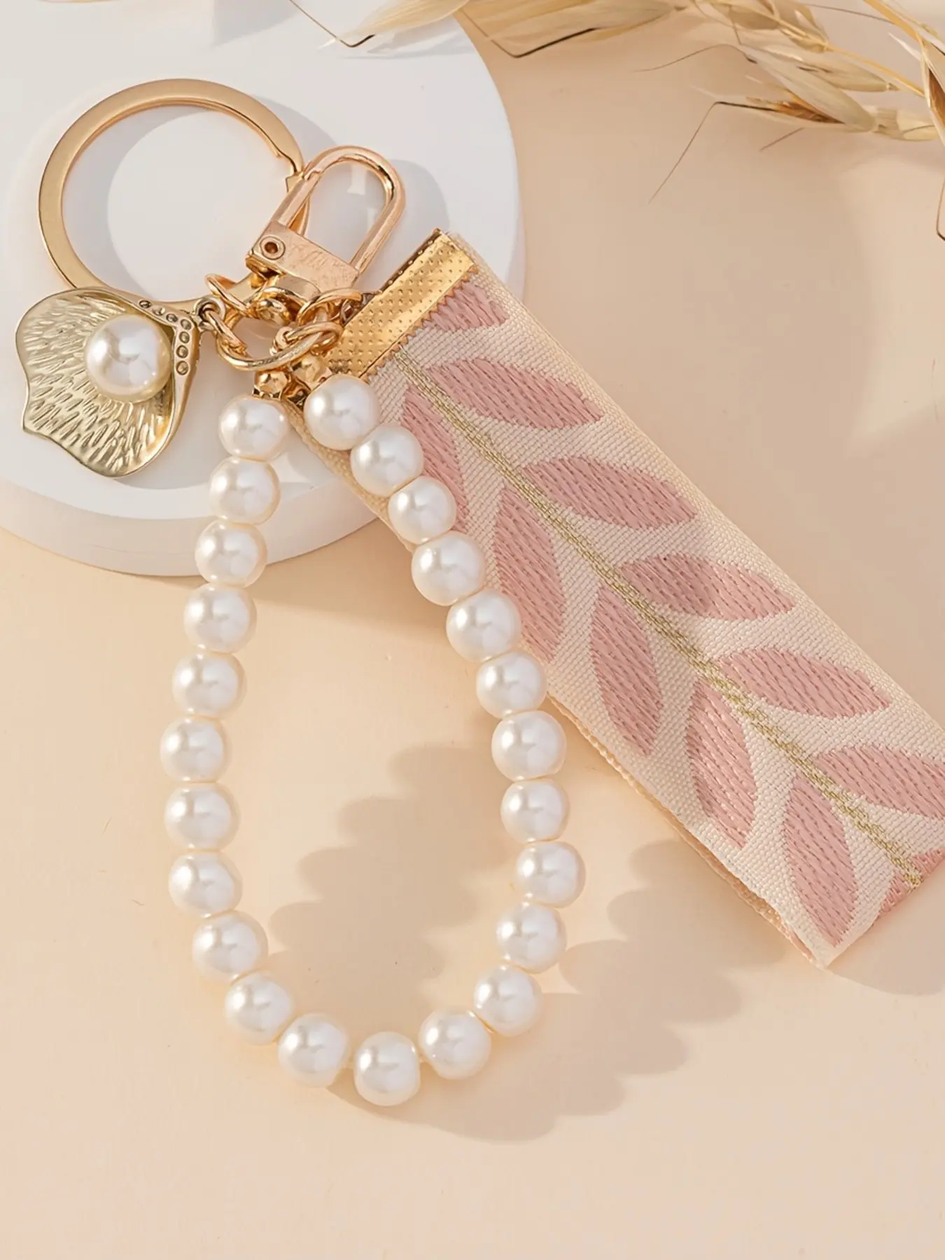 Multicolor Woven Ribbon Portable Keychain with Faux Pearls and Lobster Clasp, Natural Theme Pendant, Perfect Gift for All Occasions