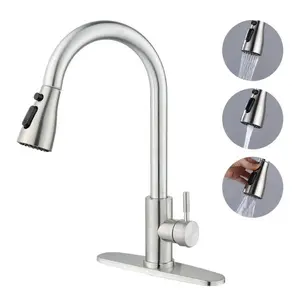 Brushed Nickel Kitchen Faucet Pull Down Sprayer – High Arc Single Handle, 360° Swivel, Stainless Steel, Deck Mount with Plate, 1-3 Hole