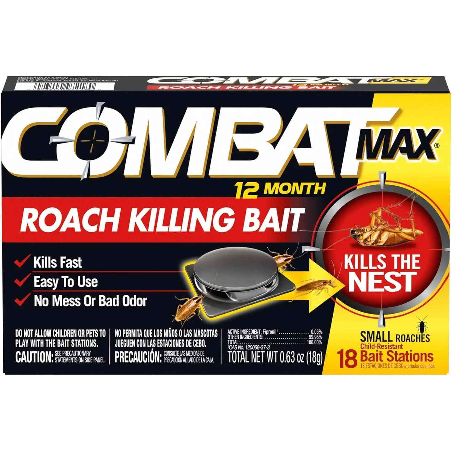 Combat Max 12-Month Indoor Pest Control Roach Killing Bait Stations, 18-Count Small Child-Resistant Stations, Fast-Acting Fipronil Nest Destroyer, No Vapor, Fumes, Odor or Mess