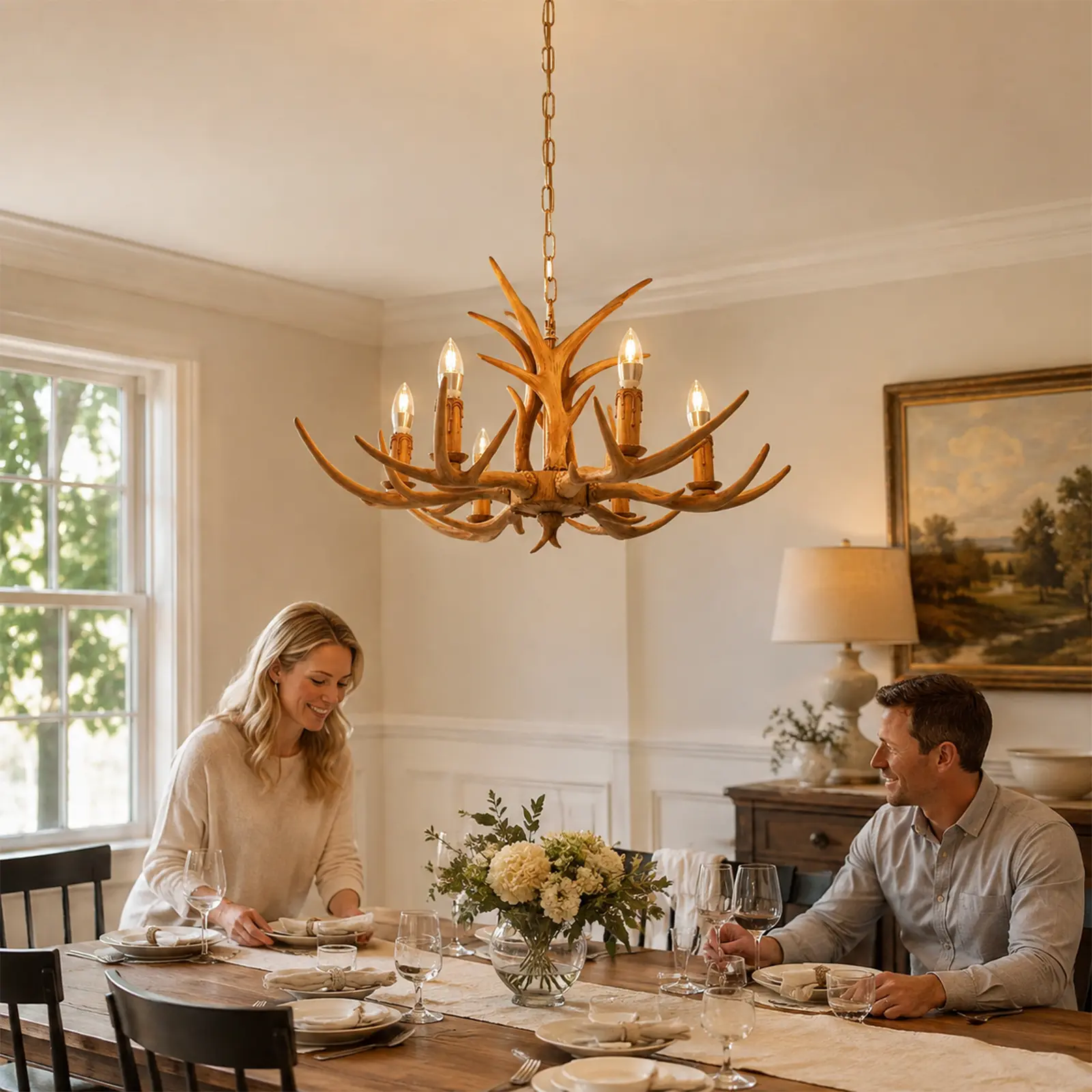 Vintage Forest Resin Antler Chandelier, Brown 6-Light E12 Ceiling Light Fixture, Adjustable 39.37-47.24in Chain, 110V, Bulbs Not Included, for Living Room, Dining Room, Bar, Farmhouse & Bedroom