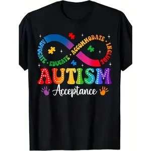Autism Awareness Acceptance Shirt Infinity Symbol Men Women T-Shirt Tops TeeSame style for men and women 2025 summer short-sleeved printed T-shirt pure cotton, Awareness Apparel, Advocacy Clothing, Printed Top, Retro Style, Lightweight Fabric