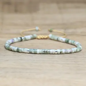 Natural Handmade Green Jade Bracelet, Hand Braided Adjustable 2x4mm Gemstone Bohemian Bracelet