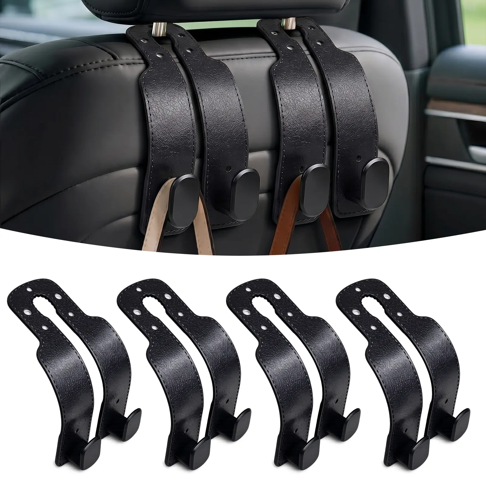 4 Pack Car Seat Headrest Hooks, Universal Leather Car Seat Back Hooks for Purses and Bags, Durable Car Purse Holder & Backseat Organizer Hanger for Handbags, Grocery Bags, Coats, Accessories