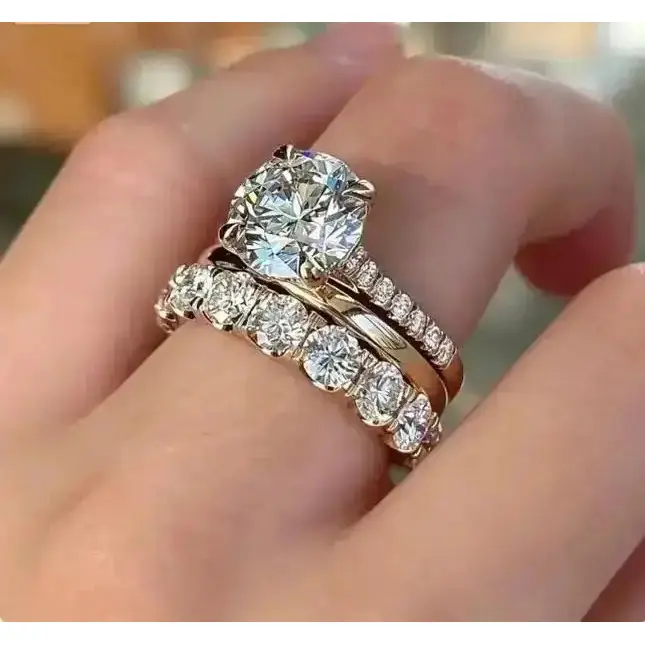 3-in-1 Rose Gold Diamond Ring Set - Round Cut Engagement Ring with Stackable Eternity Ban, Four Prong Bridal Promise Jewelry for Women