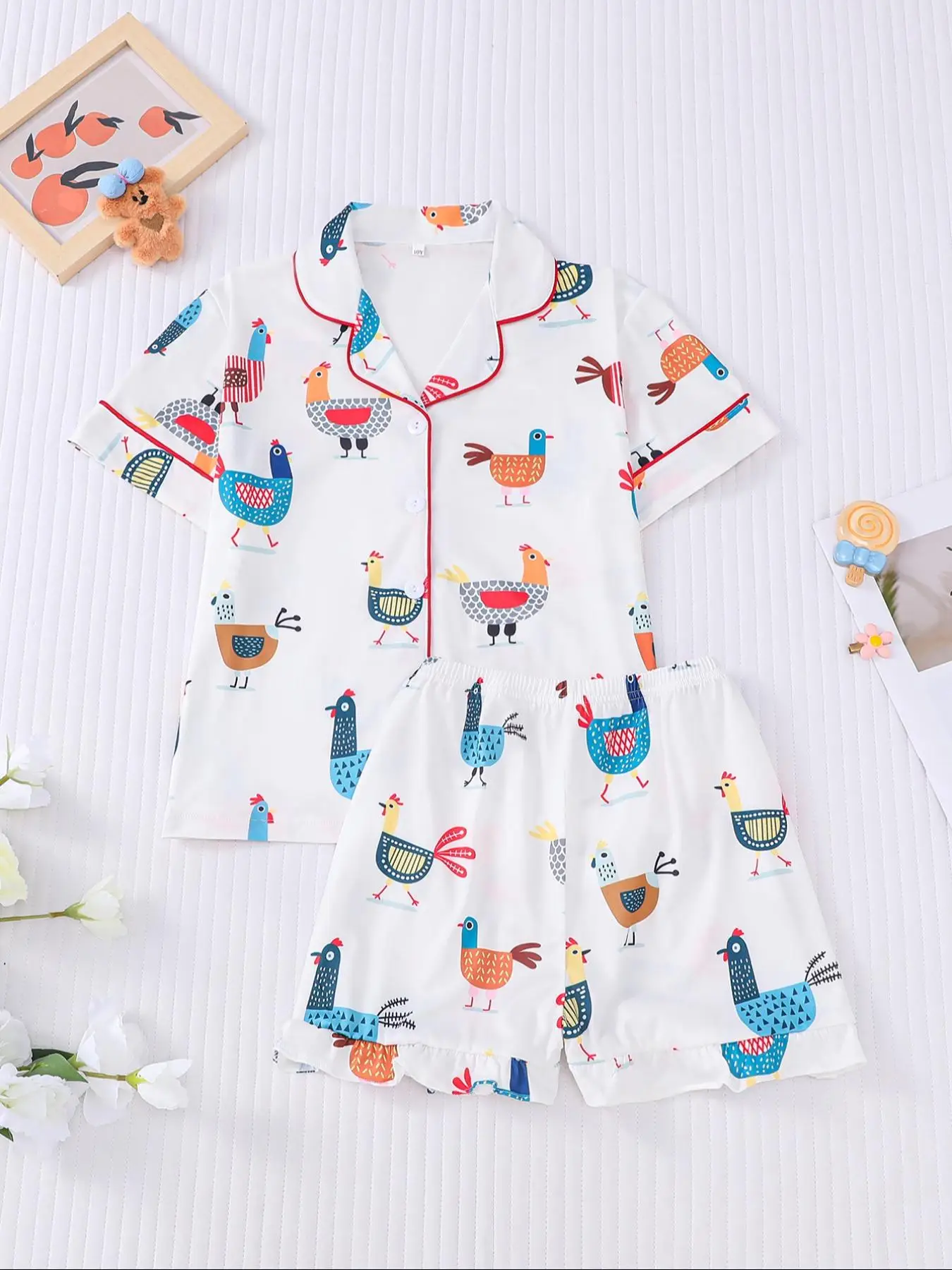 Girl's Cartoon Chicken Print Top & Shorts Pyjama Two-piece Set, Casual Comfy Short Sleeve Top & Shorts Set, Kids Sleepwear for All Seasons