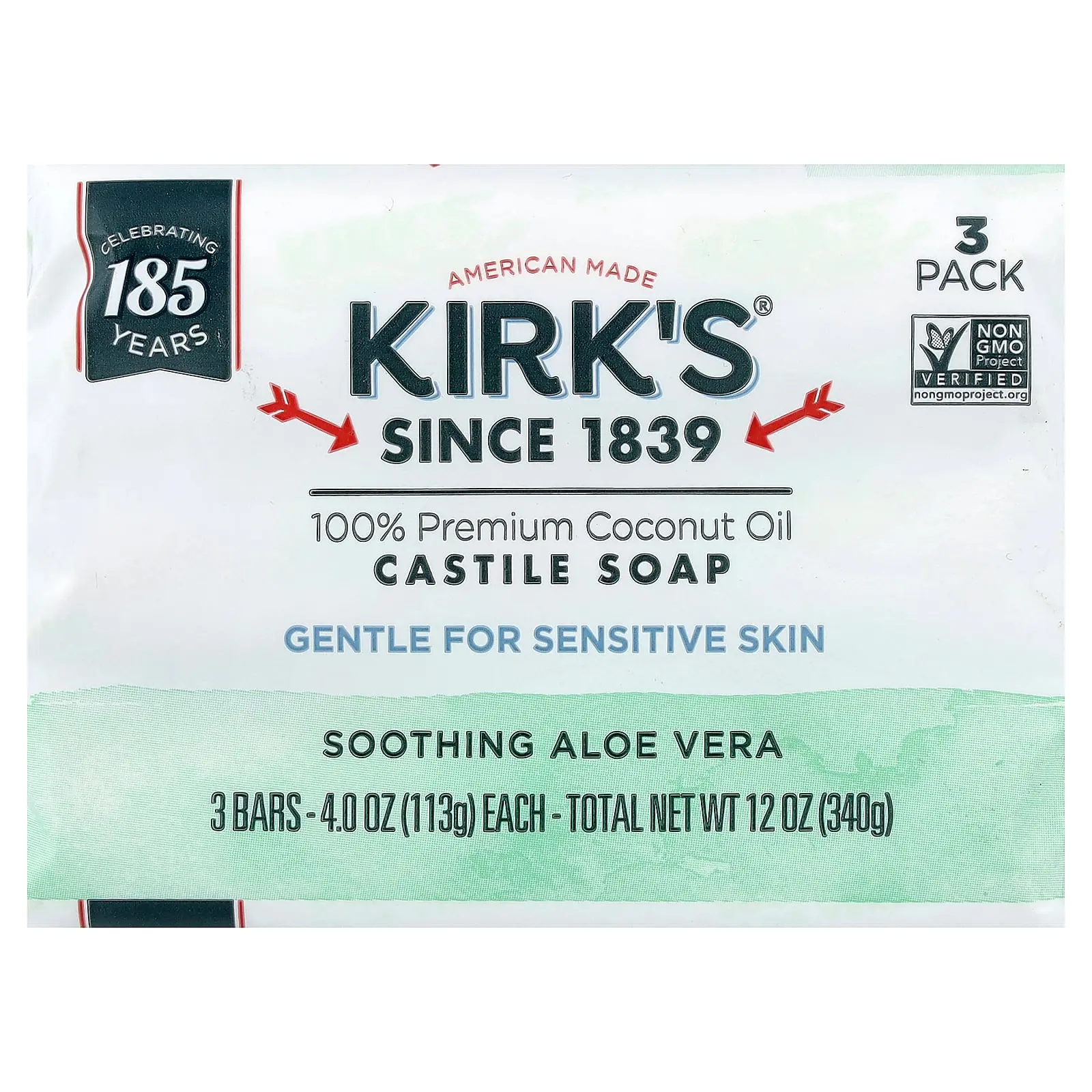 Kirk's 100% Premium Coconut Oil Castile Bar Soap, Soothing Aloe Vera, 3 Bars, 4 oz (113 g) Each