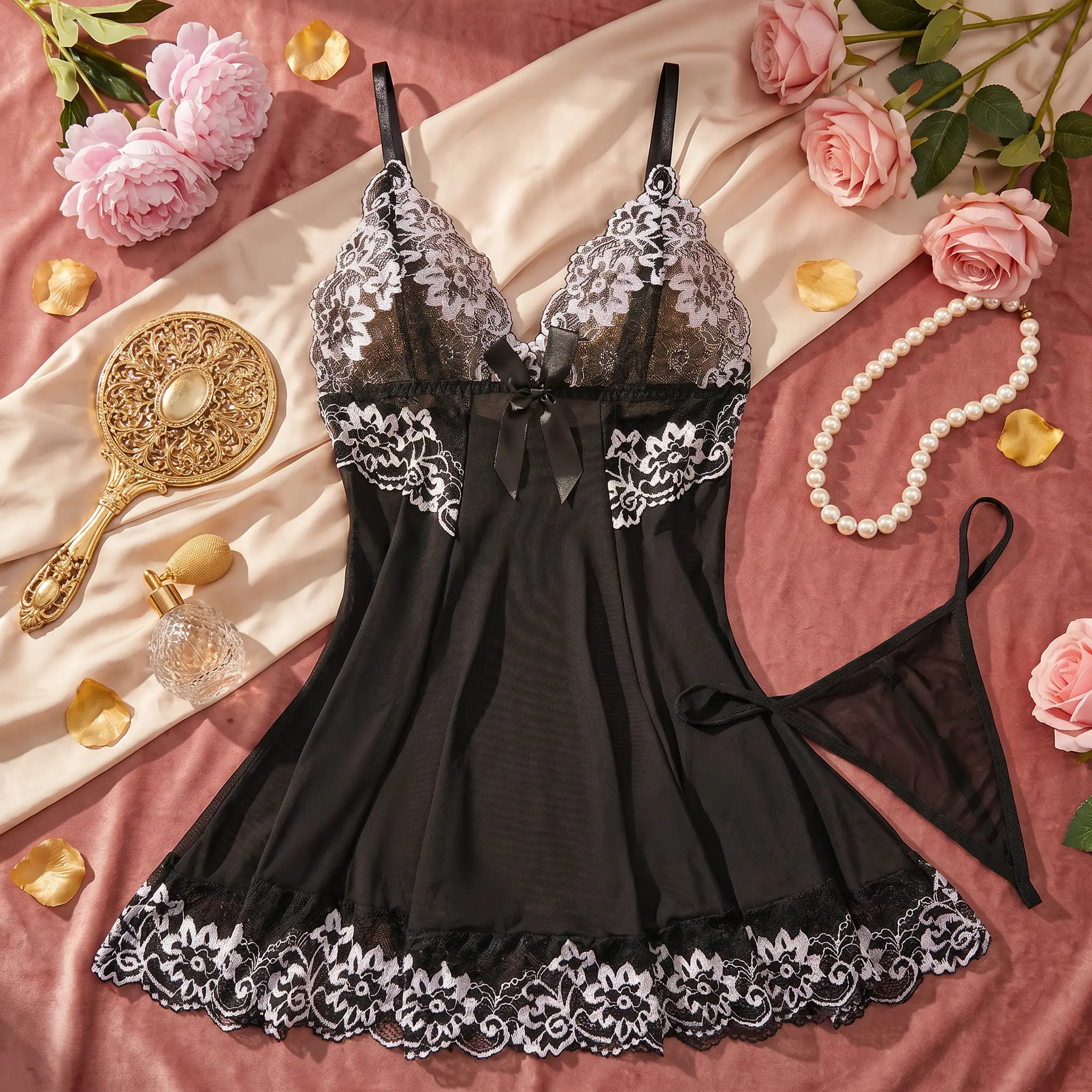 YIAII Women's Chic Soft Embroidered Floral Lace 2-Piece Babydoll Lingerie Set - Deep V Mesh Chemise Loungewear with Matching Thong, Stylish Sleepwear