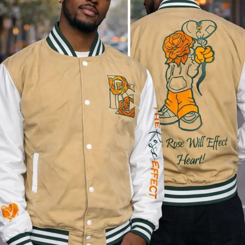 Rose Will Effect Heart Varsity Jacket - Tan & White with Green Stripes and Rose Design