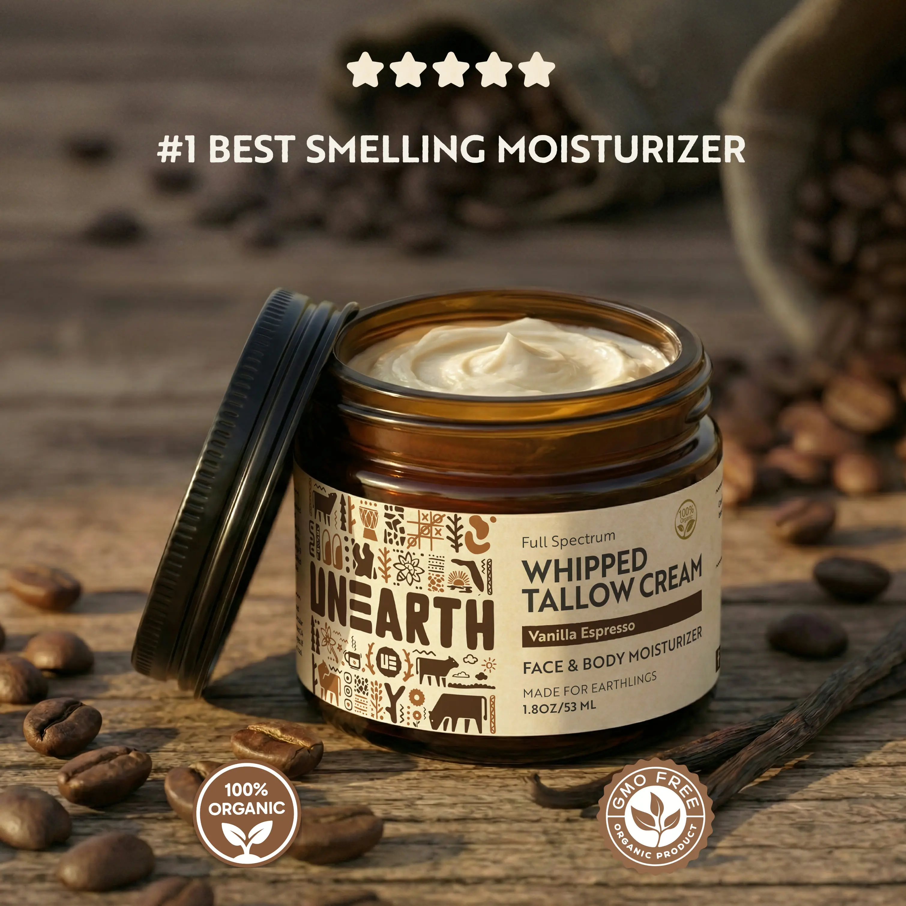 Whipped Tallow Face Cream (Espresso Vanilla) | Non-Comedogenic Moisturizer for Glass Skin & Acne Scars | Grass-Fed & Finished | 1.8oz