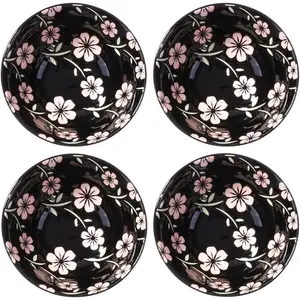 Japanese Style Rice Bowl Set of 4 Ceramic Cereal Bowls for Soup Snack Oat (4, Black Sakura)