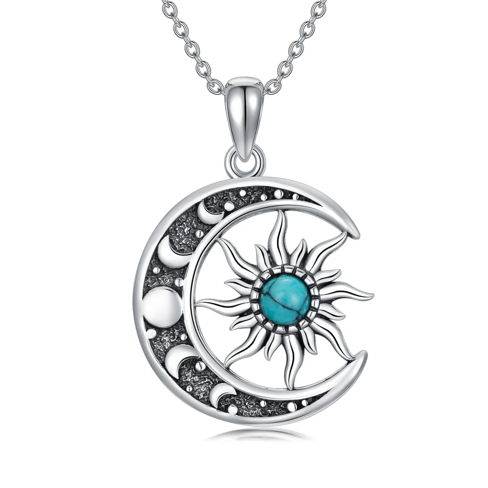 Women's 925 Sterling Silver Sun and Moon Pendant Necklace with Turquoise, Good Polish Finish, Ideal Gift for Birthday, Parents, Anniversary, Friends, Female, Adults, Long-Term Wear, Low Allergenic Properties