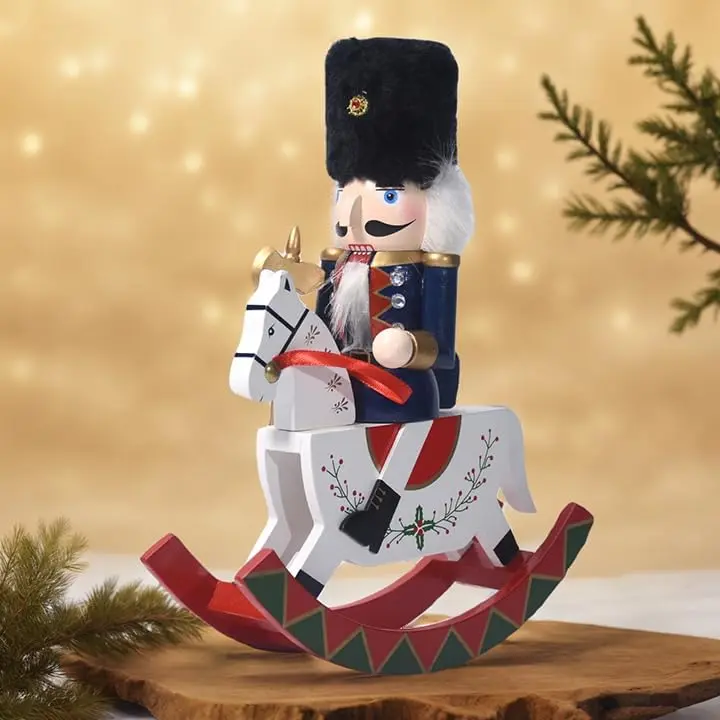 Sheaifun Vintage Christmas Fairy Ornaments - Durable Pine Wood Soldier Nutcrackers, Military Uniform, Rocking Base, 8.5" Tall Vintage Home Decor, Soldier Theme Desk/Table Centerpiece (8.5x2.9x10 in) Festive Indoor Office Decor