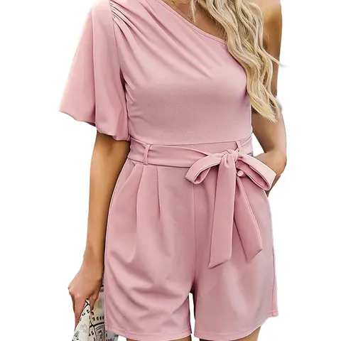 Elegant One Shoulder Belted Romper for Women, Casual Summer Short Jumpsuit