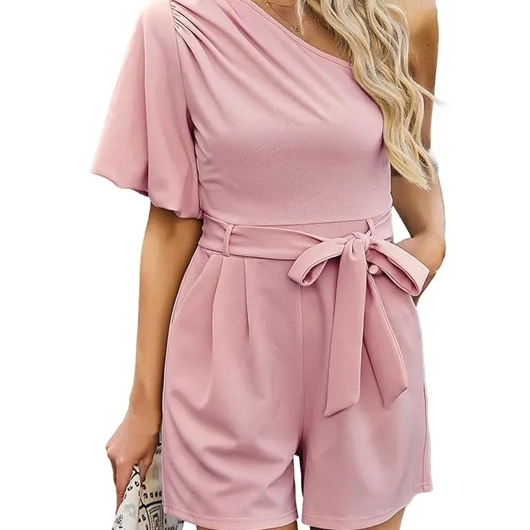 Elegant One Shoulder Belted Romper for Women, Casual Summer Short Jumpsuit