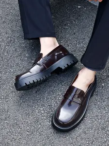 Men's Thick Sole Loafers Height Increasing Anti-Slip Gear Bottom Design Business Casual Trendy Shoes, Comfortable and Stylish Footwear