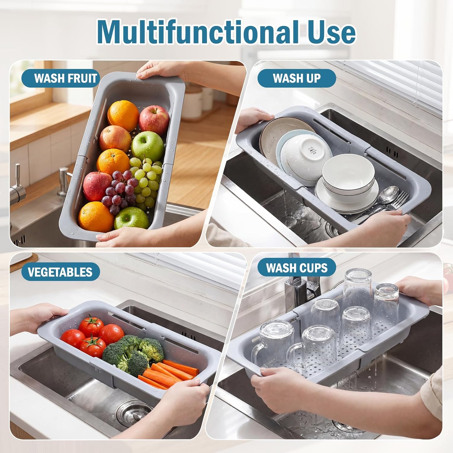 Over-the-Sink Retractable Drain Basket - Kitchen Sieve Colander for Washing Produce, Draining Pasta - Essential for New Kitchens (Gray or White Options)