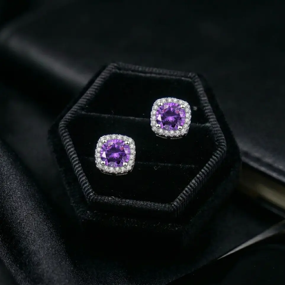 Cushion Halo Purple Amethyst Stud Earrings for Women, S925 Sterling Silver Cubic Zirconia Jewelry Gift Purple Amethyst Cushion Halo Stud Earrings for Women, S925 Sterling Silver Diamond Cluster Ear Studs