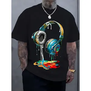 Men'S Casual Streetwear T-Shirt Featuring a Lively Design of Headphones And Paint Splatters, Made from Breathable Polyester Fabric, Designed for a Relaxed Summer Fit, Machine Washable, Perfect for Everyday Wear
