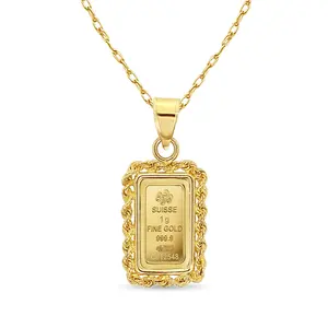 1 Gram Credit Suisse Gold Bar with 3MM Rope Bezel Necklace
