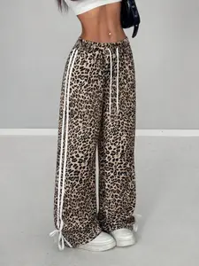 Y2K Viral Leopard Print Wide Leg Pants, Elastic High Waist Drawstring with Side Stripes & Ankle Bows, Loose Fit Casual Streetwear Trousers for Women, Perfect for Lounge, Party & Daily Wear, Flattering for All Body Types, TikTok Trending Outfit