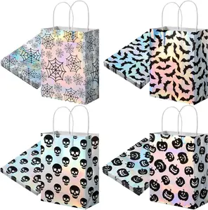 24 Pcs Iridescent Halloween Paper Bags Holographic Bat Pumkin Skeletons Pumpkins Spider Webs Trick or Treat Reusable Gift Bags for Halloween Party Supplies Favors(Classic Patterns)
