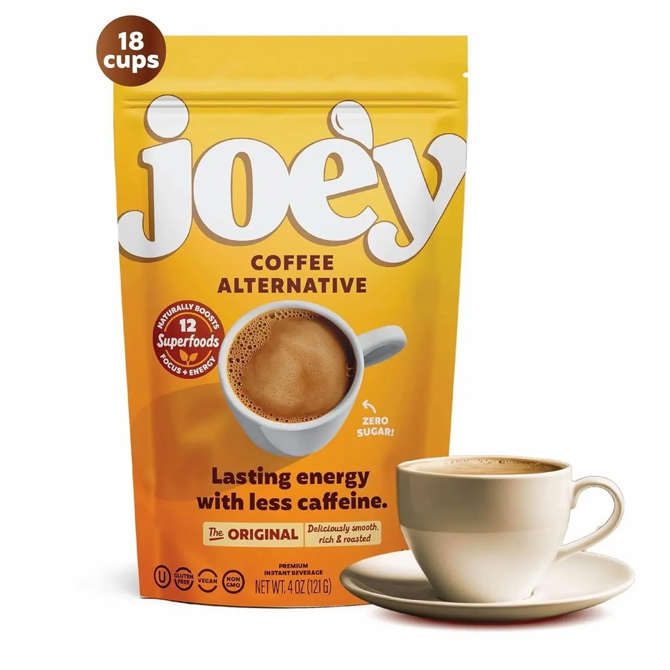Joey Mushroom Coffee Alternative with Cacao Dandelion Root, and Chicory, Instant Mushroom Coffee Substitute with Superfoods, Vegan Gluten-Free Energy Drink for Focus and Calm, 18 Servings