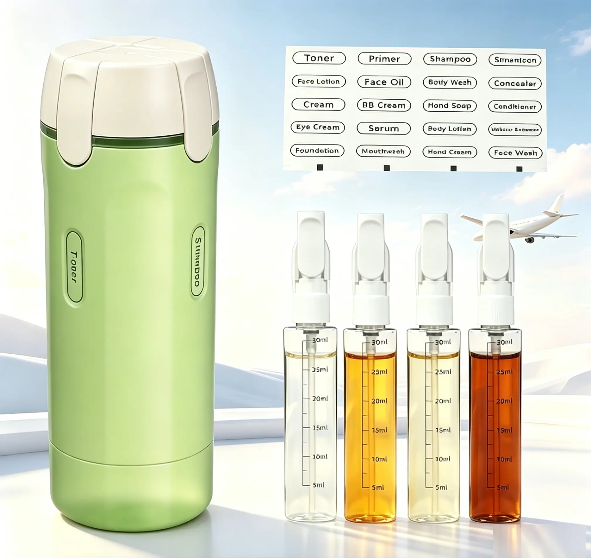 30ml Rotatable Pump 4-in-1 Travel Toiletry Dispenser for Adults, Leak-Proof Lock Refillable Liquid Bottle with Scale Label Stickers, Compact Easy-Clean Single-Item Carry-On Container (Father’s Day Gift Option) for Travel, Gym, Tsa Compliant