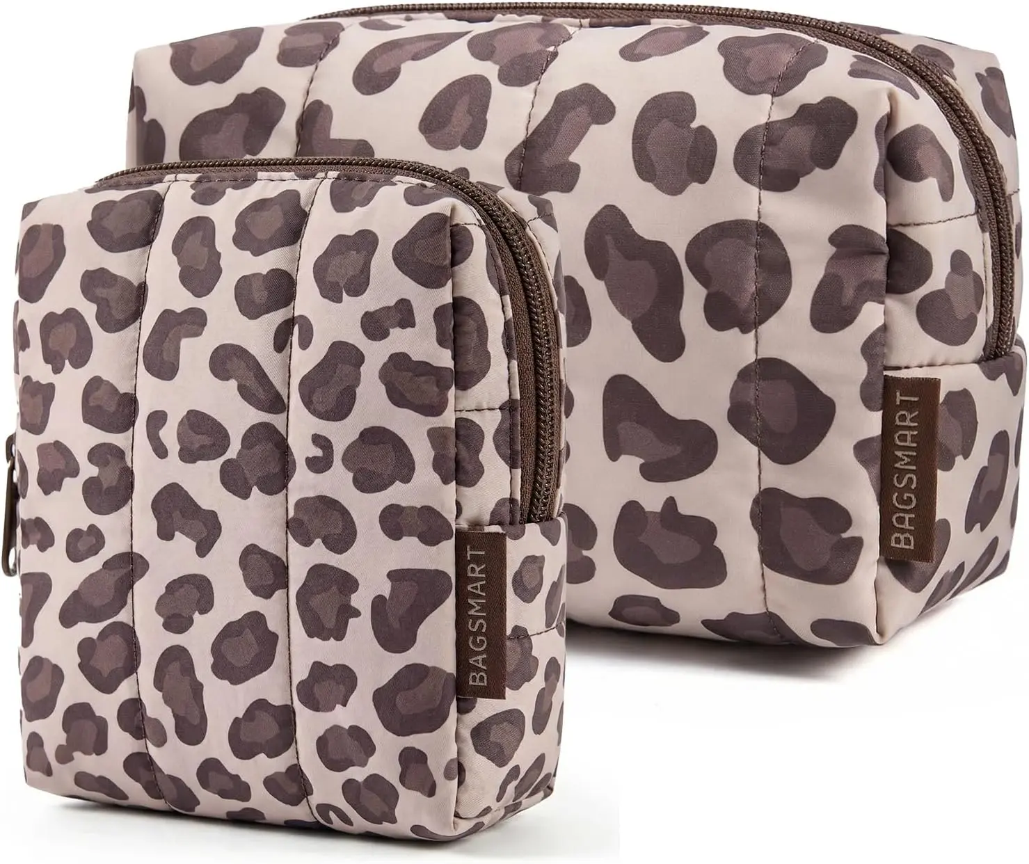 BAGSMART Puffy Travel Makeup Bag Duo Large & Small for Women, Leopard | Puffy Padded, Travel Cosmetic Organizer with Slip-in Pockets, Large Toiletry Bag & Small Purse Pouch, Travel Essentials