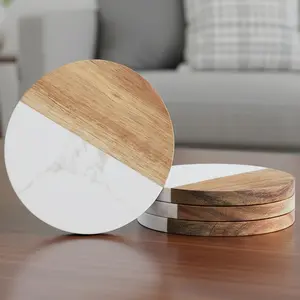 4 Pack Coasters for Coffee Drinks, Marble-Wood Spliced Coaster Set, Tabletop Protection, Cup Holder Coasters, Home Decor Gift, Wooden Coasters