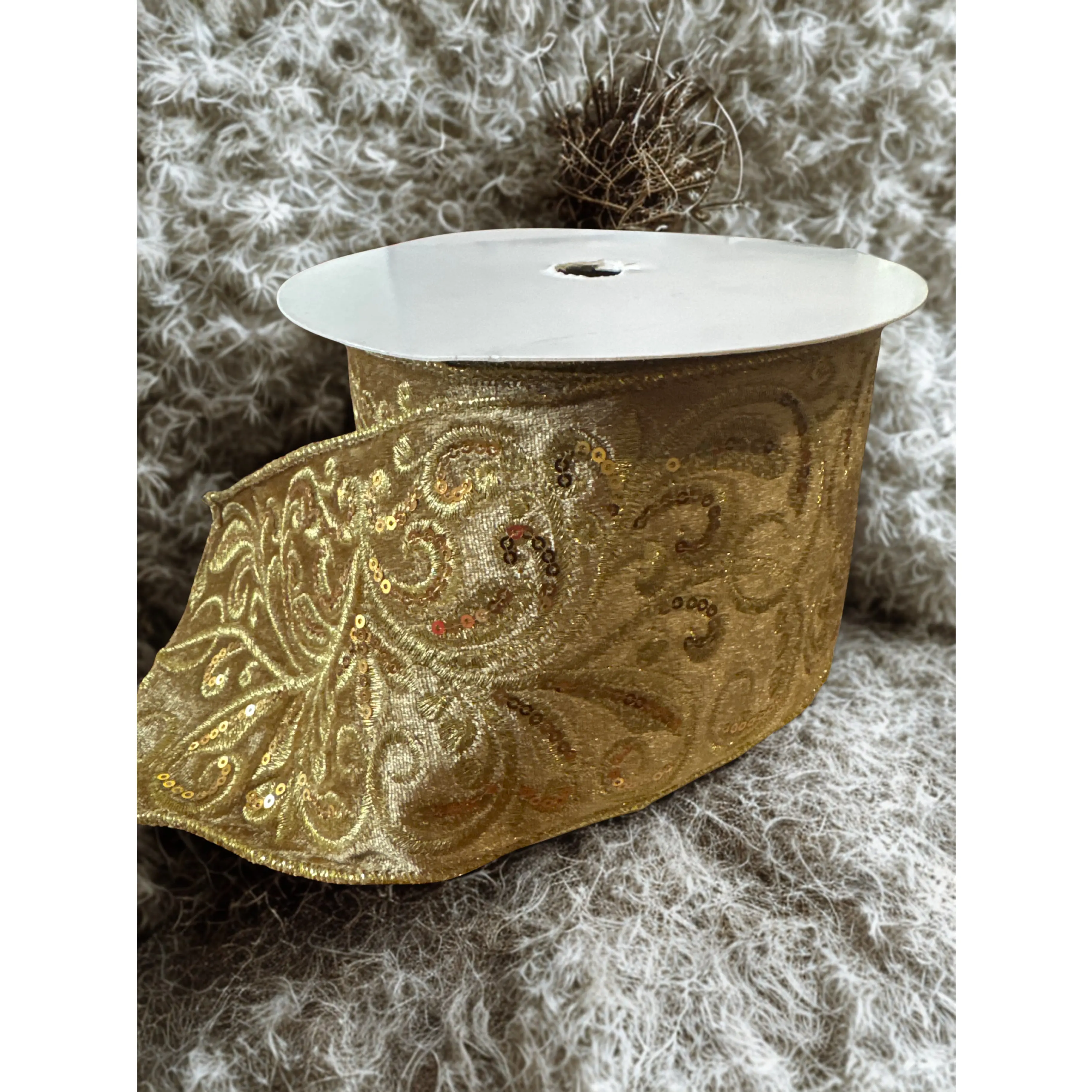 4-in Wide Gold Embroidered Velvet Ribbon - 10 yds Length, Sewing Accessory for DIY Crafts, Holiday Wreaths, Bridal Shower Projects