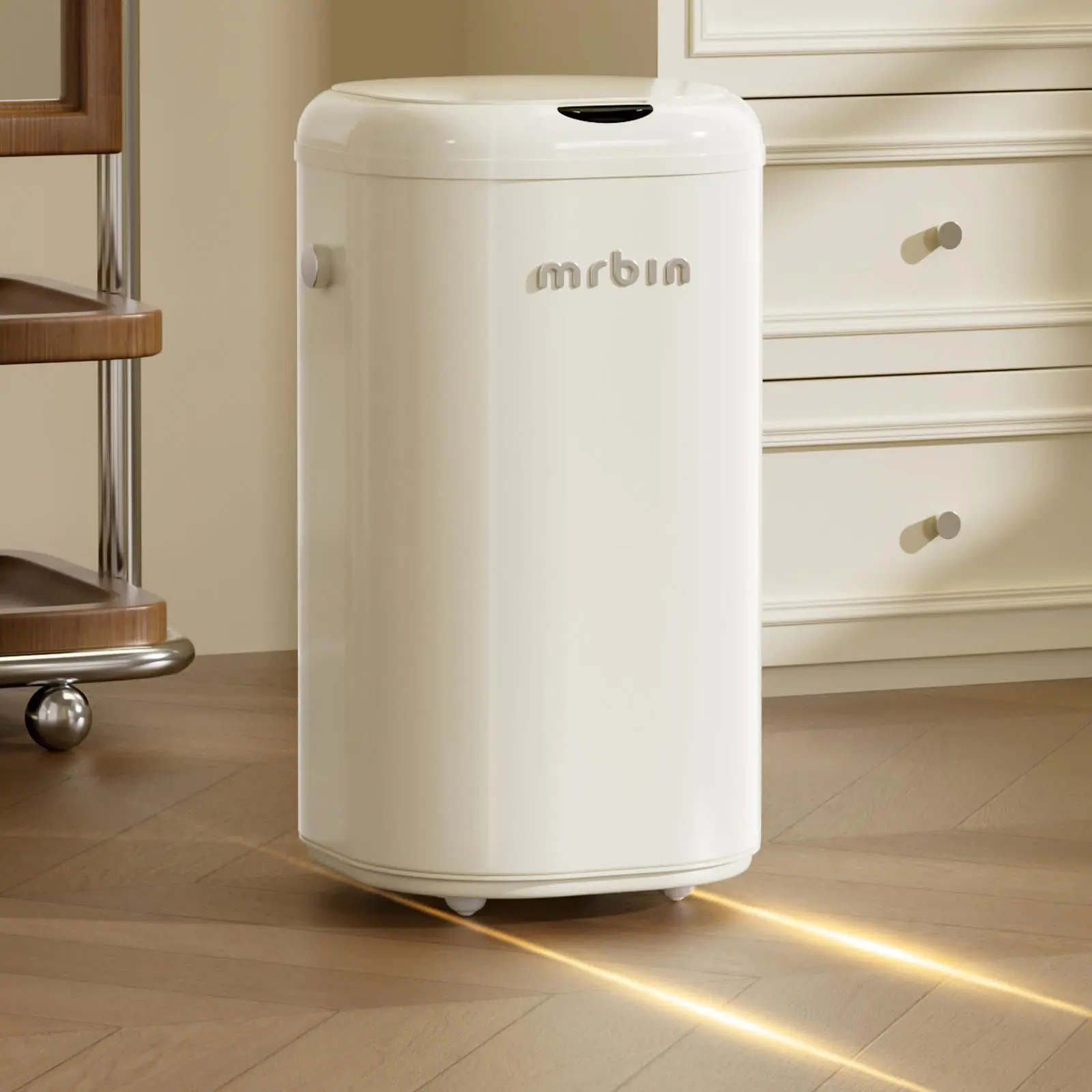 Metal Motion Sensor Tall Kitchen Trash Can with Lid and Wheel, 8 Gallon Automatic Garbage Pail Touchless, Electric Covered Waste Basket for Bedroom, Rv, Office, Restroom, Cream White soft-close lid
