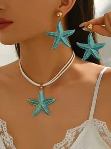 3pcs Handmade Multicolor Starfish Jewelry Set, Pendant Earrings Set, Ocean-Inspired Starfish Earrings & Necklace in 4 Colors, for Beach Vacations, Music Festivals, Parties, Weddings & Summer Events, Ideal Gift for Her for Summer, Special Occasions