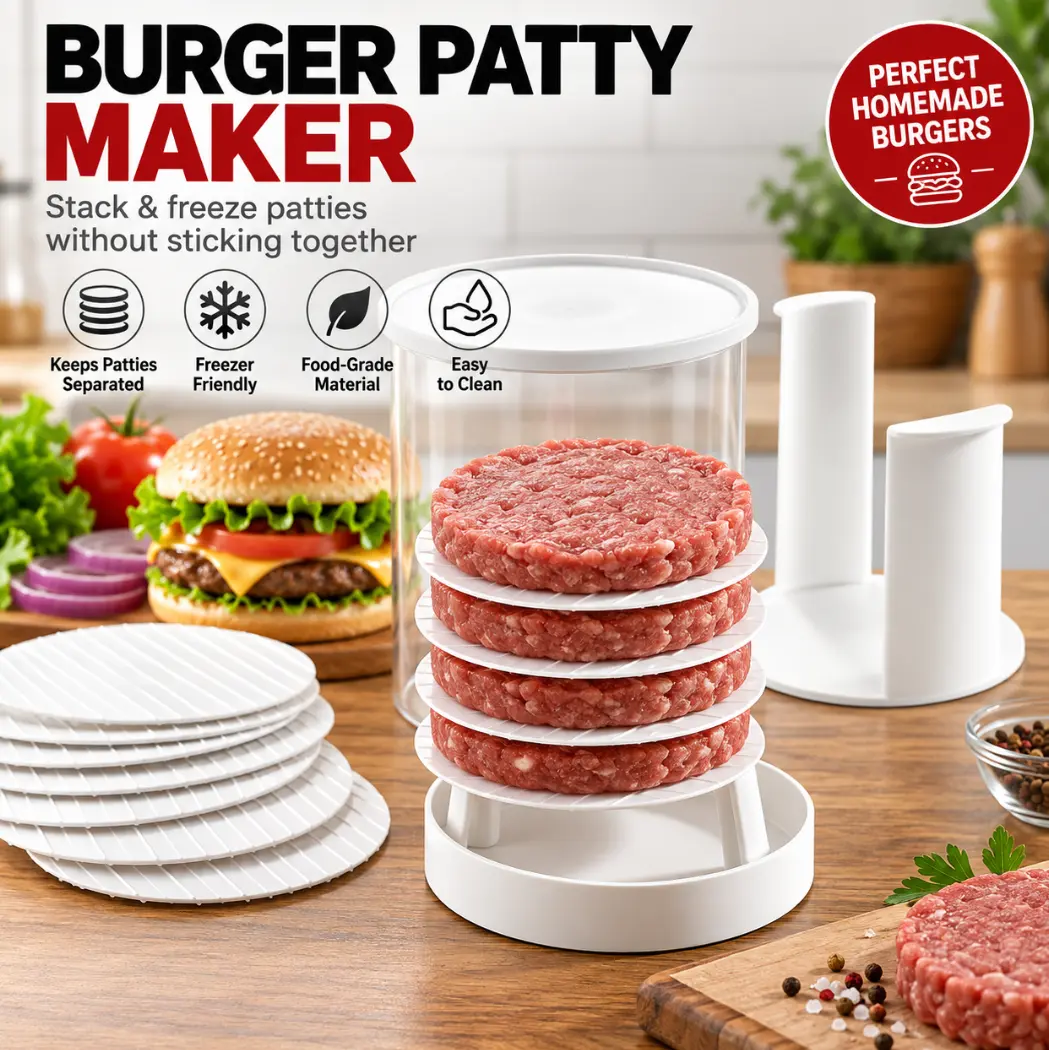 Burger Patty Maker with Separator Discs, Hamburger Press & Patty Stacker, Non-Stick Burger Storage Container for Freezer, Easy Homemade Burger Making Tool, Kitchen BBQ Accessories, Best Gift Idea