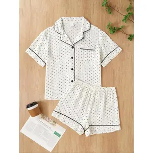 Summer Pajama Set for Women, Short Sleeve Top & Shorts, Cute Polka Dot Print, Loose-Fit Woven Fabric, All Seasons Sleepwear