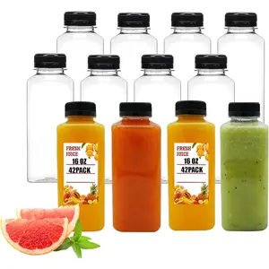 42pcs 16oz Juice with Caps, Empty PET Disposable Bulk with Black Tamper Evident Lids for Juicing, Drinking and Beverages (16 Ounces)