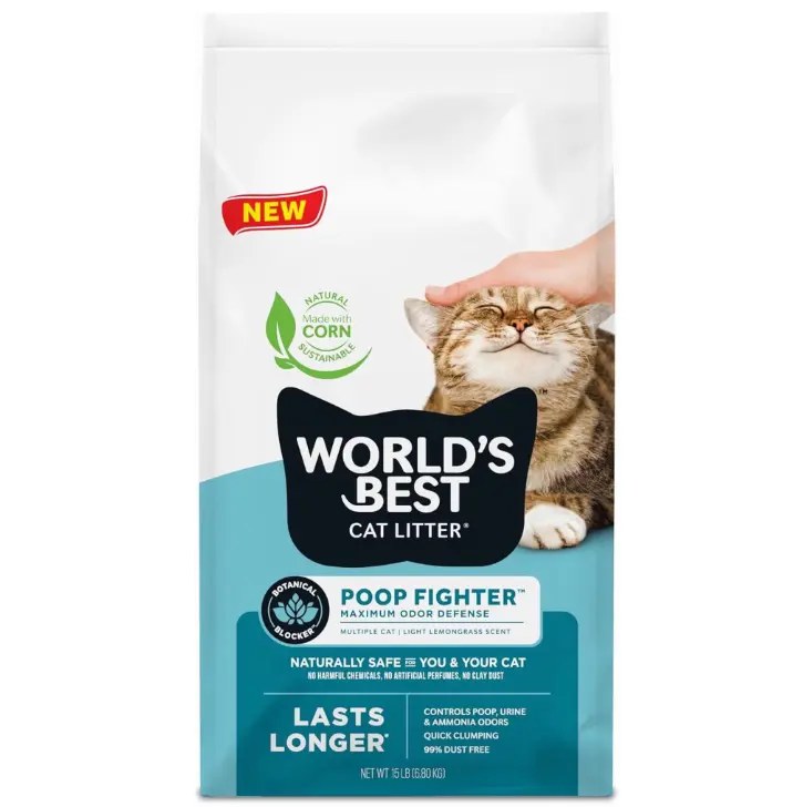 WORLD'S BEST CAT LITTER Poop Fighter Maximum Odor Defense - Long-Lasting Odor Control, Natural Ingredients, Quick Clumping, Flushable, 99% Dust Free, Easy Scooping - 15lb Bag