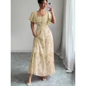 Butterfly Print Chiffon Dress, Batwing Sleeve Pleated French Sweet Style Summer Fashion Dress for Women