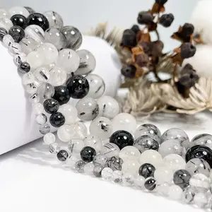 Natural Black Rutilated Quartz  Gemstone Smooth Round Loose Beads For DIY Jewelry Making Desig Handmade Crafts Bracelet, Necklace, Earrings AAA Quality 15.5 Inches Long, Semi Precious Stone, Spacer beads