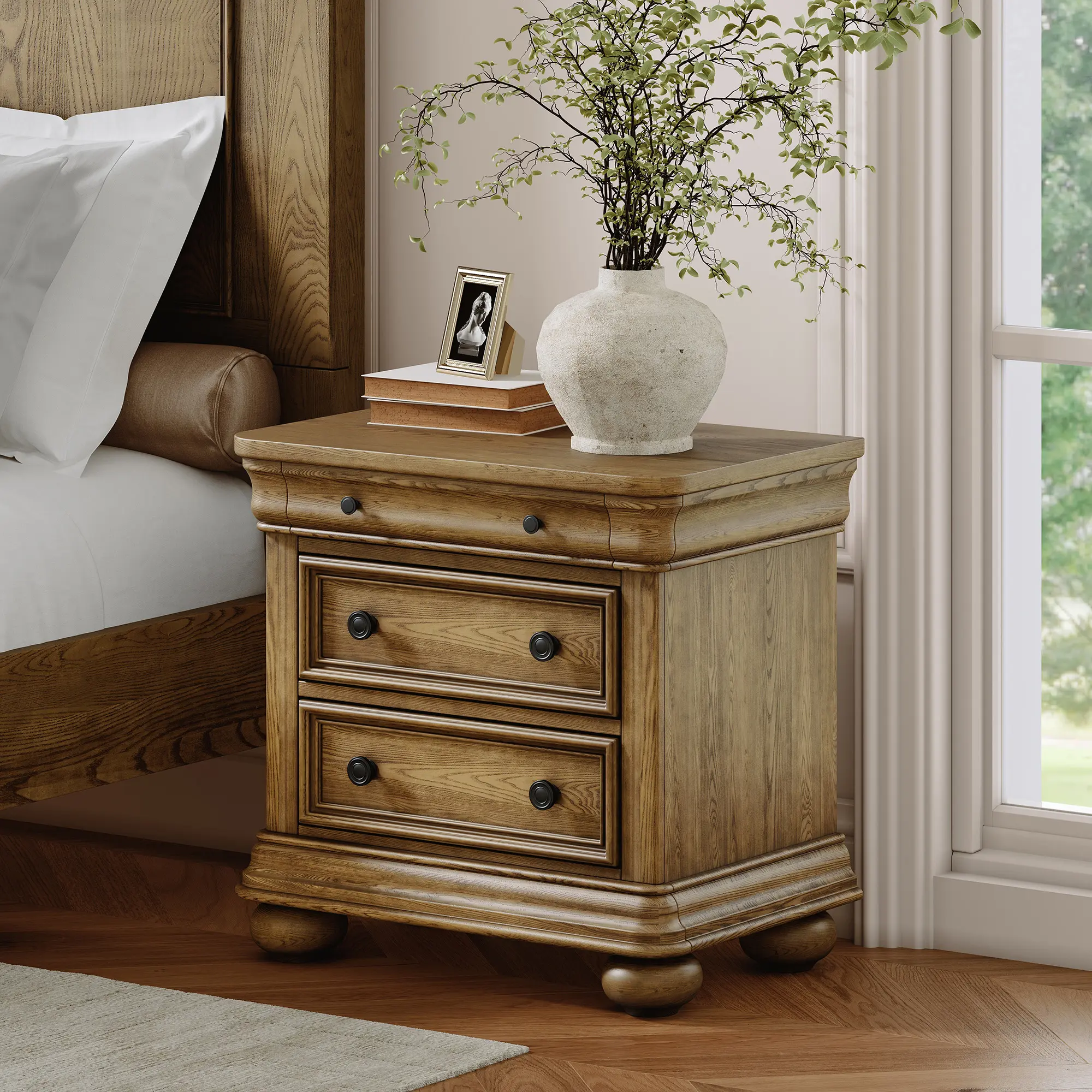 AMERLIFE Solid Wood Nightstand - Fully Assembled 26/30in Wide Vintage Farmhouse Rectangular Bedside Table with 3 Drawers Storage, Wood Entryway Table for Bedroom, Living Room, Bed Side Tables