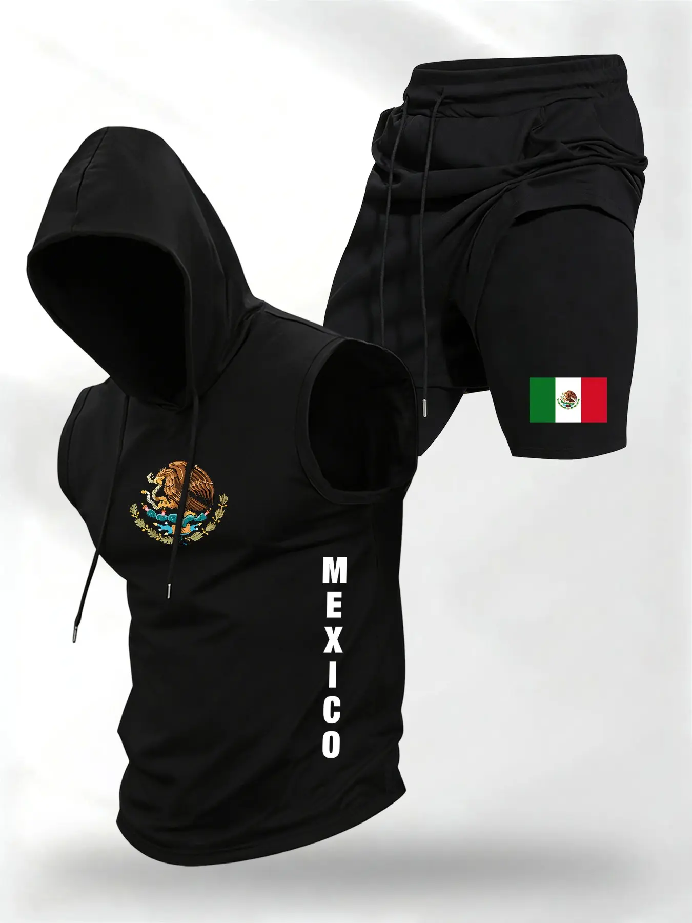Summer Best-Selling Mexican Badge Flag Hooded Sleeveless Tank Top + Drawstring Waist Fake Two-Piece Shorts Set, Casual Sporty Set, Sporty Casual Wear, Perfect for Outdoor Sports