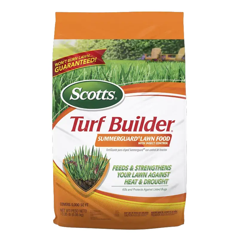 Scotts Turf Builder SummerGuard Fertilizer - Bagged Dry Granular Formula, Insect Control, Heat & Drought Resistance, 13.35 lb, Covers 5,000 sq. ft. (Fertilizer Granules for Lawn Care)